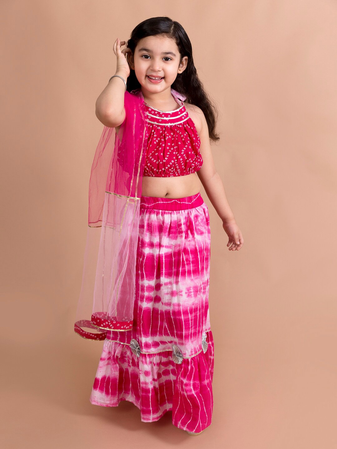 

pspeaches Girls Pink & White Dyed Ready to Wear Cotton Lehenga Choli & Dupatta