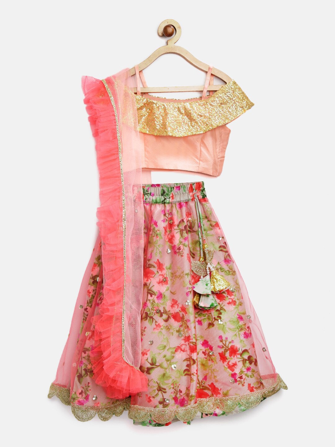

pspeaches Girls Peach-Coloured & Green Sequinned Ready to Wear Lehenga & Blouse With Dupatta