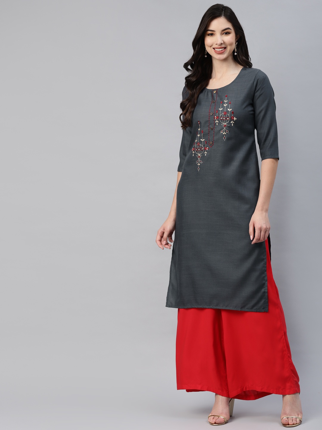 

Aarika Women Charcoal Ethnic Motifs Embroidered Kurta