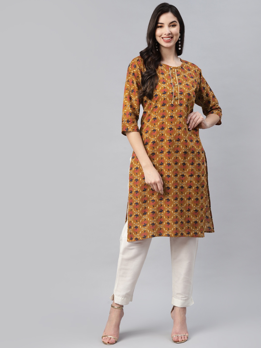 

Aarika Women Mustard Yellow & Red Ethnic Motifs Printed Kurta