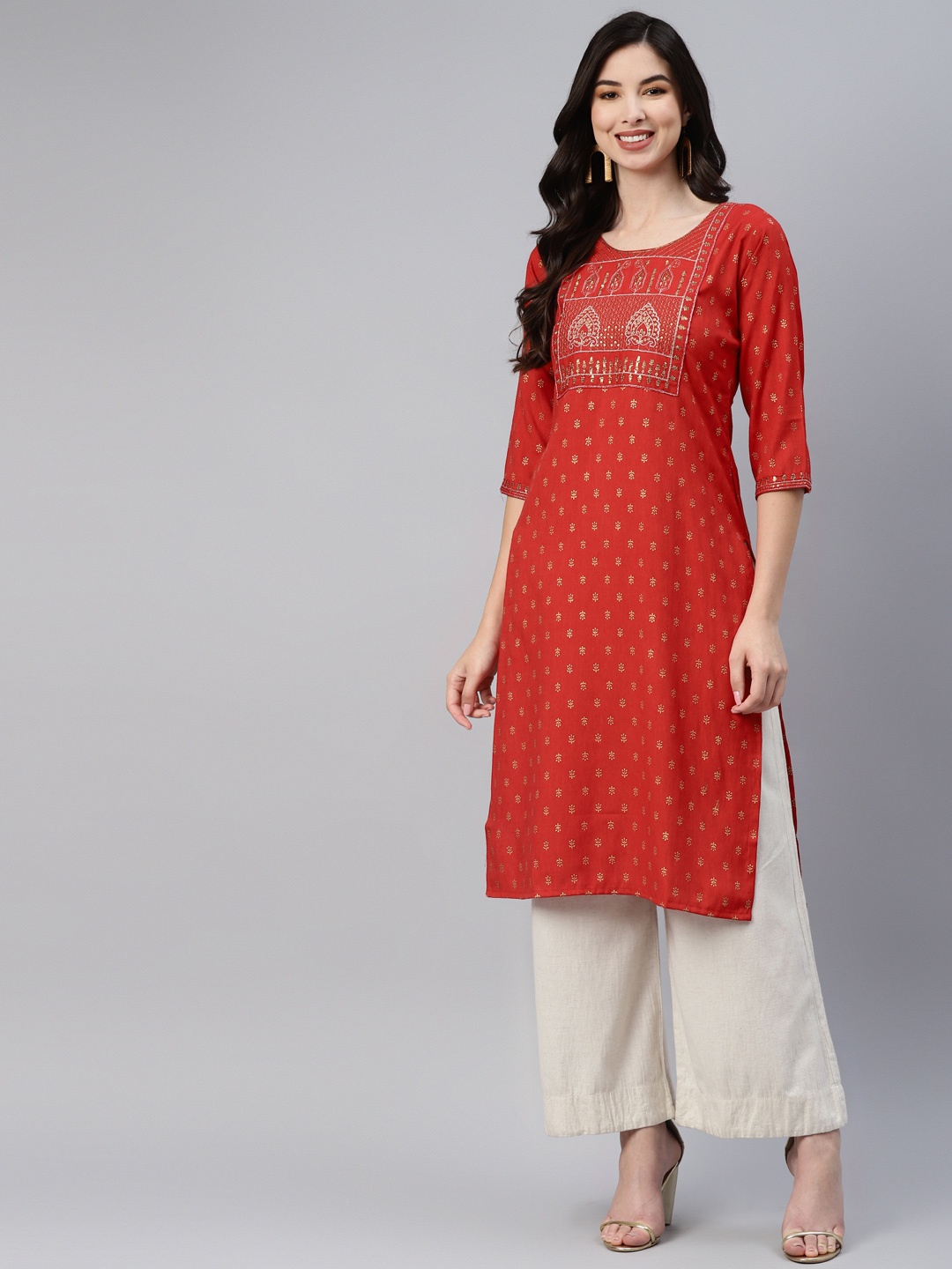 

Aarika Women Red & Gold-Toned Ethnic Motifs Embroidered Kurta