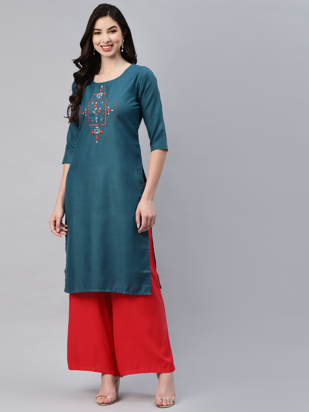 

Aarika Women Teal Blue Ethnic Motifs Embroidered Kurta