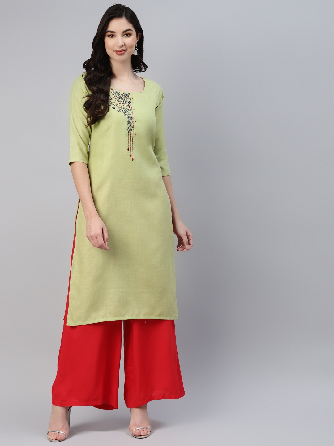

Aarika Women Lime Green Ethnic Motifs Embroidered Kurta