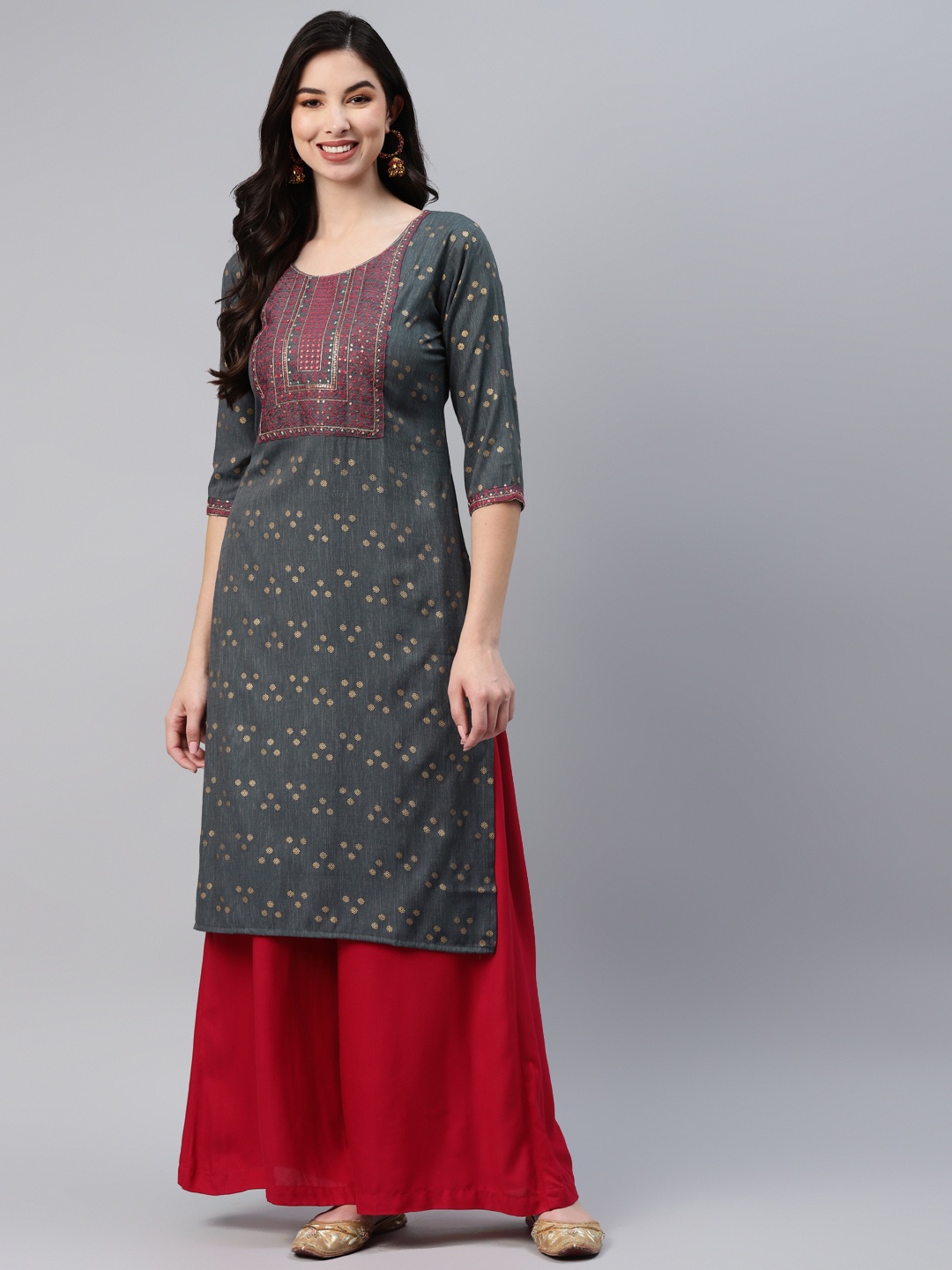 

Aarika Women Charcoal Grey Pure Cotton Printed Thread Work Kurta
