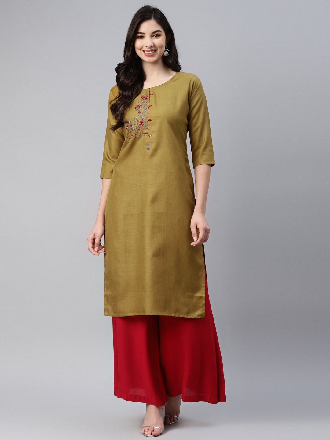 

Aarika Women Olive Green Ethnic Motifs Embroidered Kurta