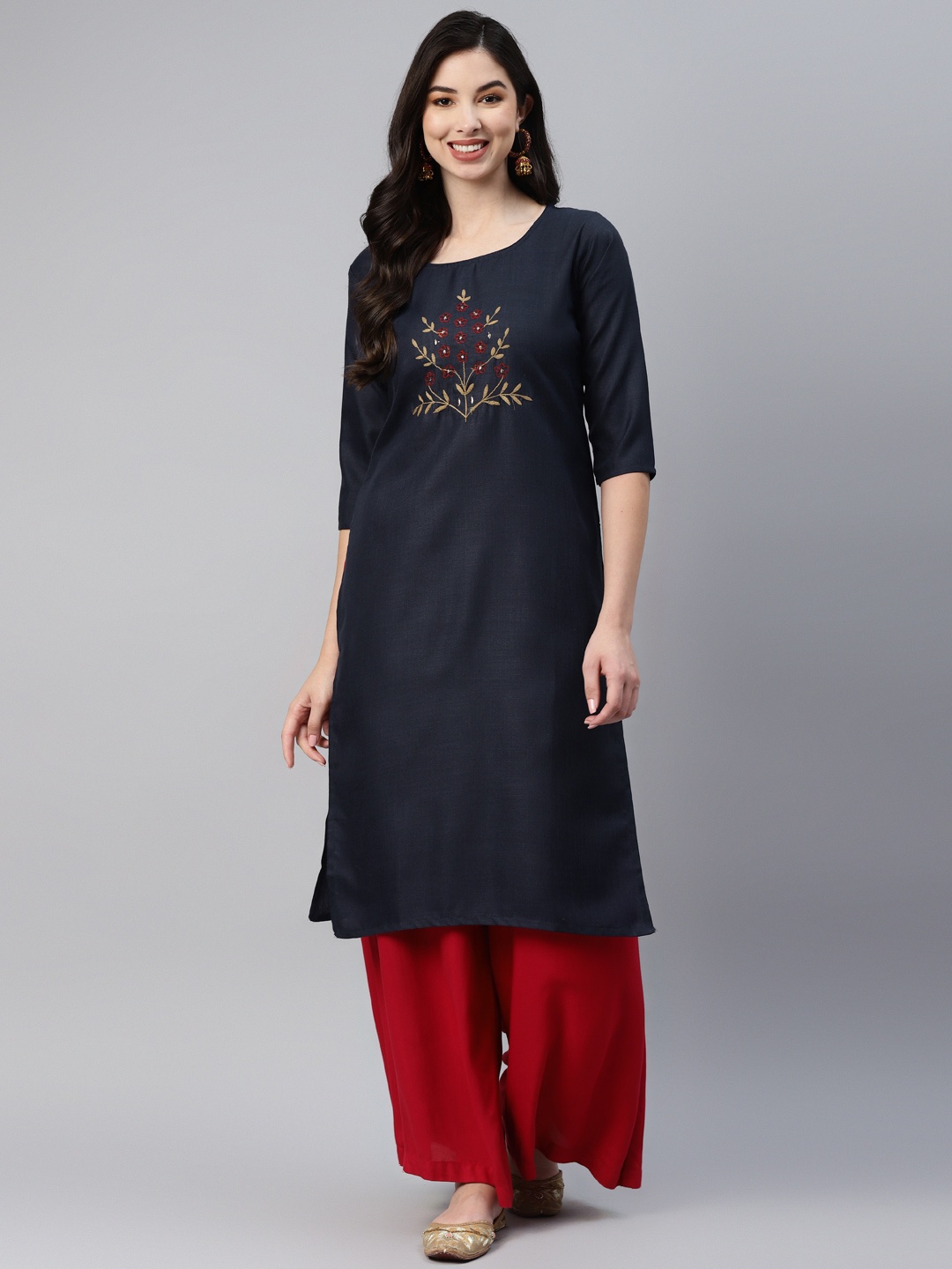 

Aarika Women Navy Blue Ethnic Motifs Embroidered Kurta