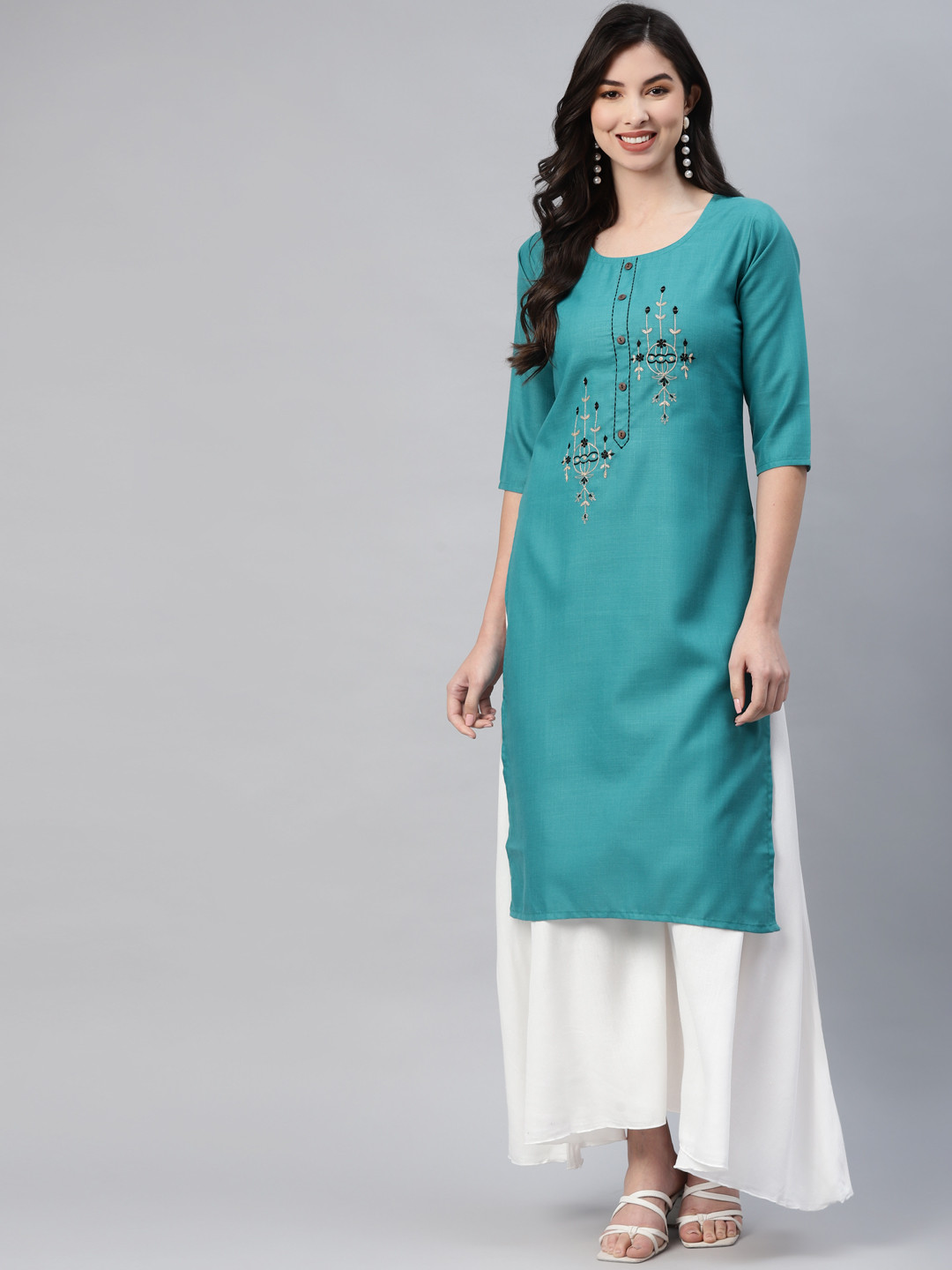 

Aarika Women Teal Ethnic Motifs Embroidered Kurta