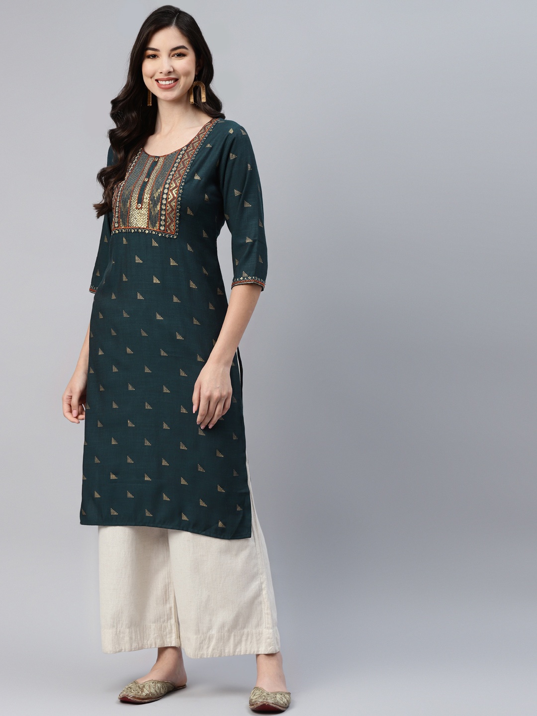 

Aarika Women Teal & Gold-Toned Ethnic Motifs Printed Kurta