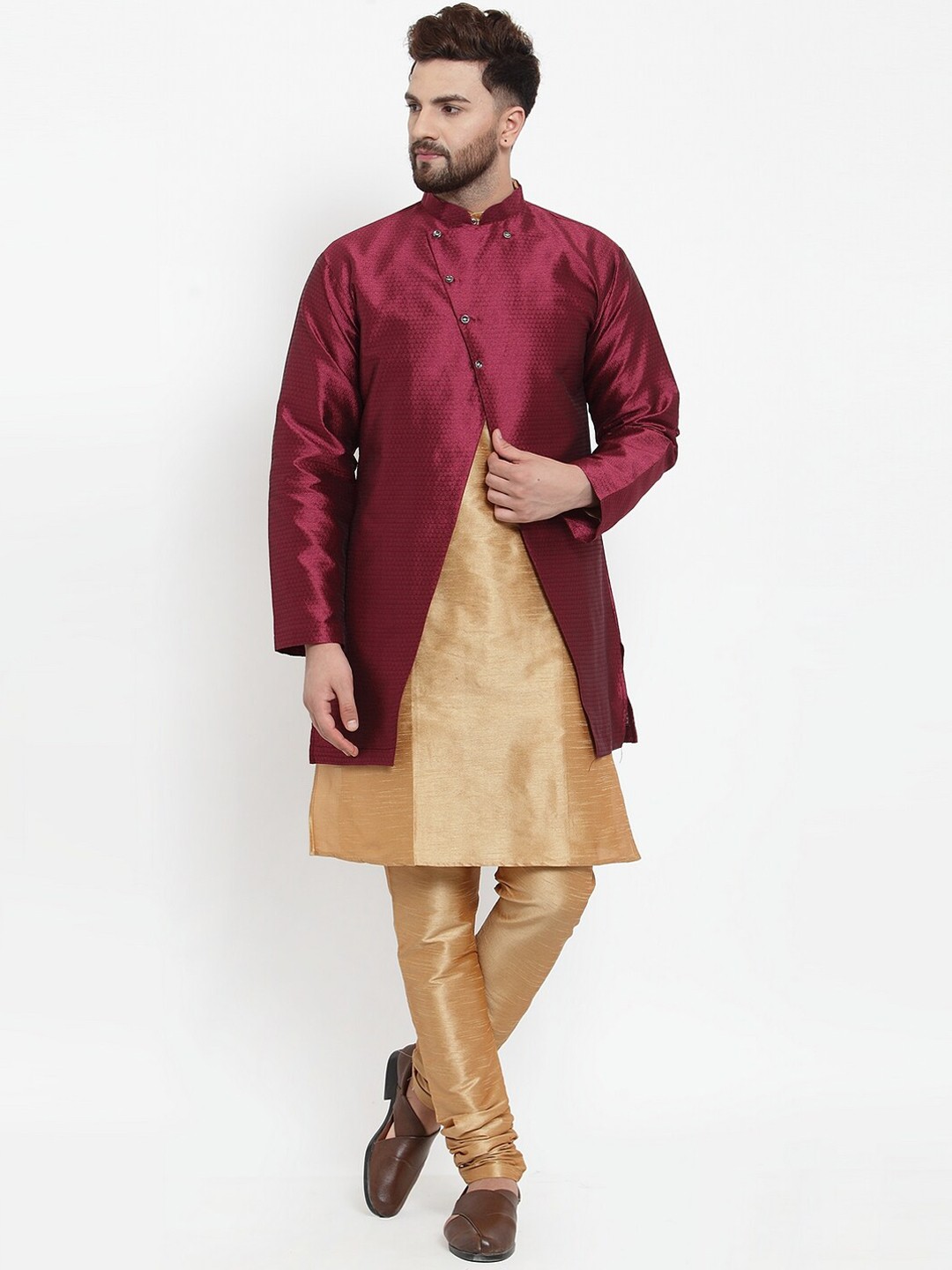 

Benstoke Men Copper-Toned & Maroon Dupion Silk Kurta with Churidar