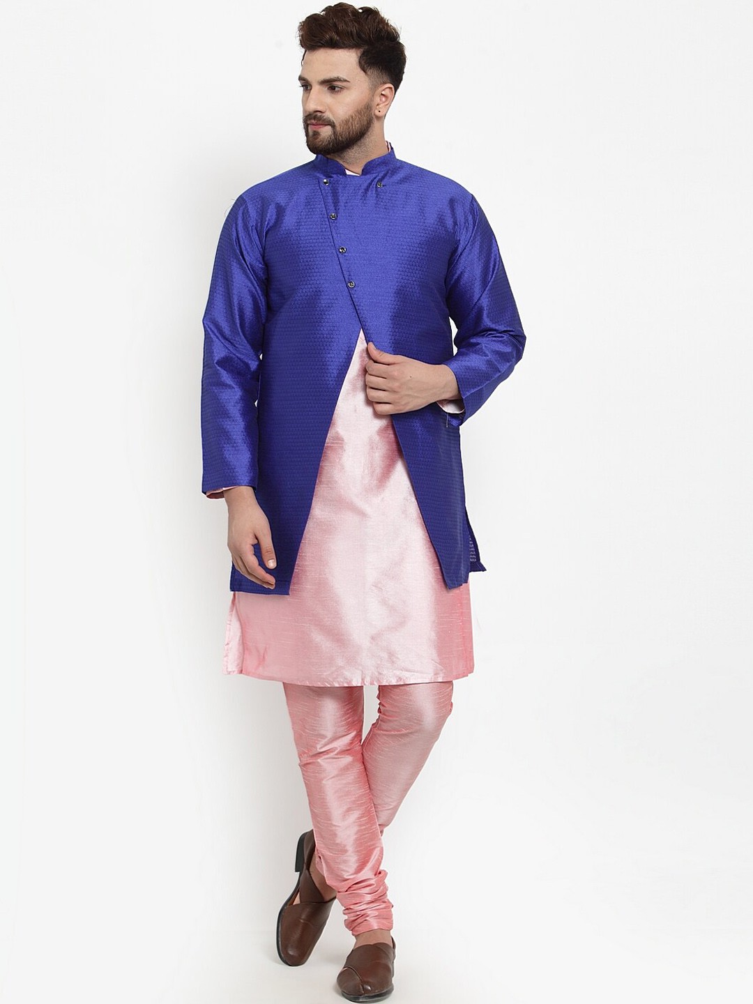 

Benstoke Men Pink Angrakha Dupion Silk Kurta with Churidar and Ethnic jacket
