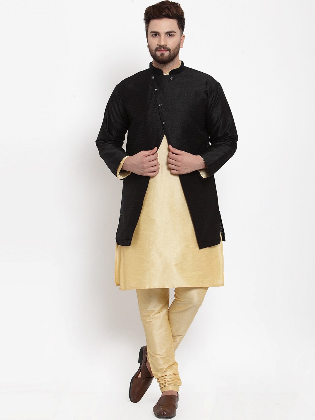 

Benstoke Men Gold-Toned Angrakha Dupion Silk Kurta with Churidar and Ethnic jacket