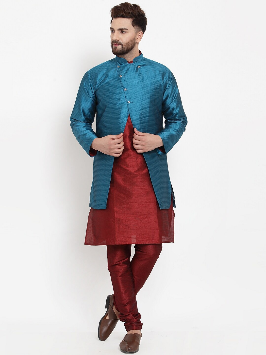 

Benstoke Men Maroon Angrakha Dupion Silk Kurta with Churidar and Ethnic Jacket