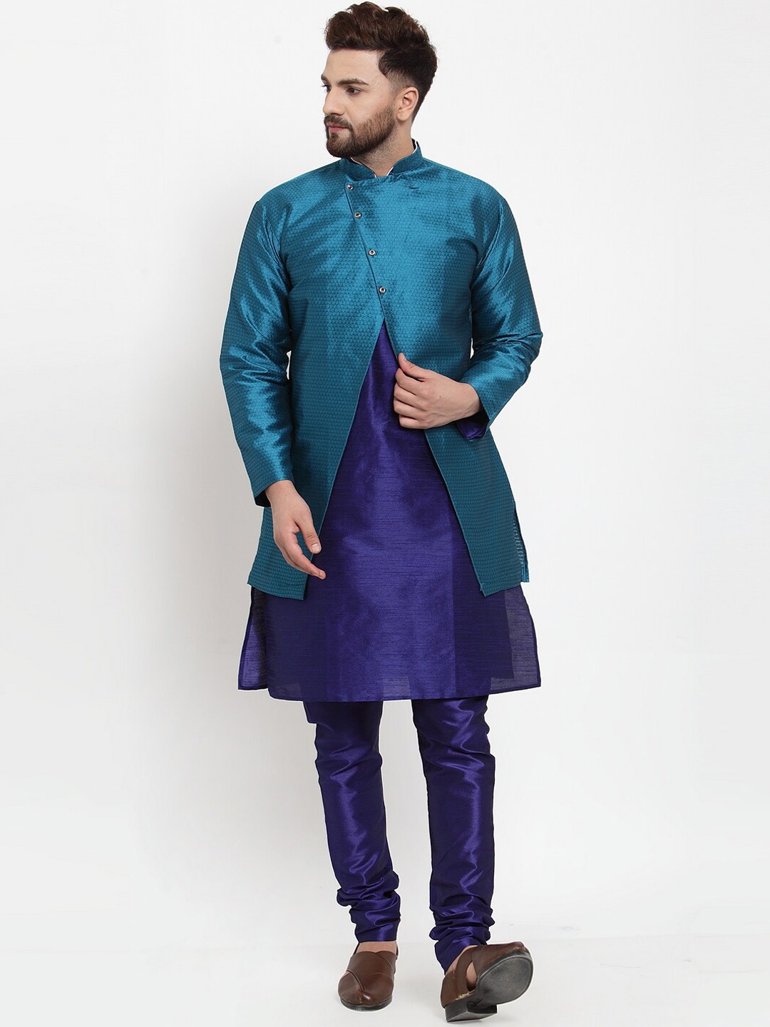 

Benstoke Men Blue Angrakha Dupion Silk Kurta with Churidar and Ethnic jacket