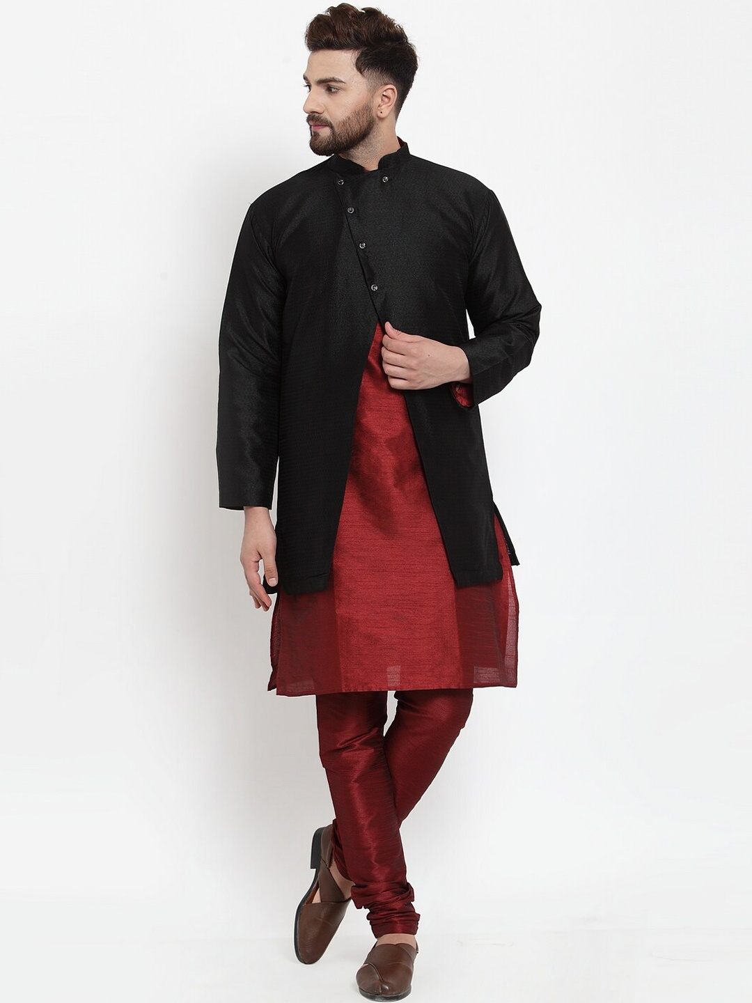 

Benstoke Men Maroon Angrakha Dupion Silk Kurta with Churidar and Ethnic jacket