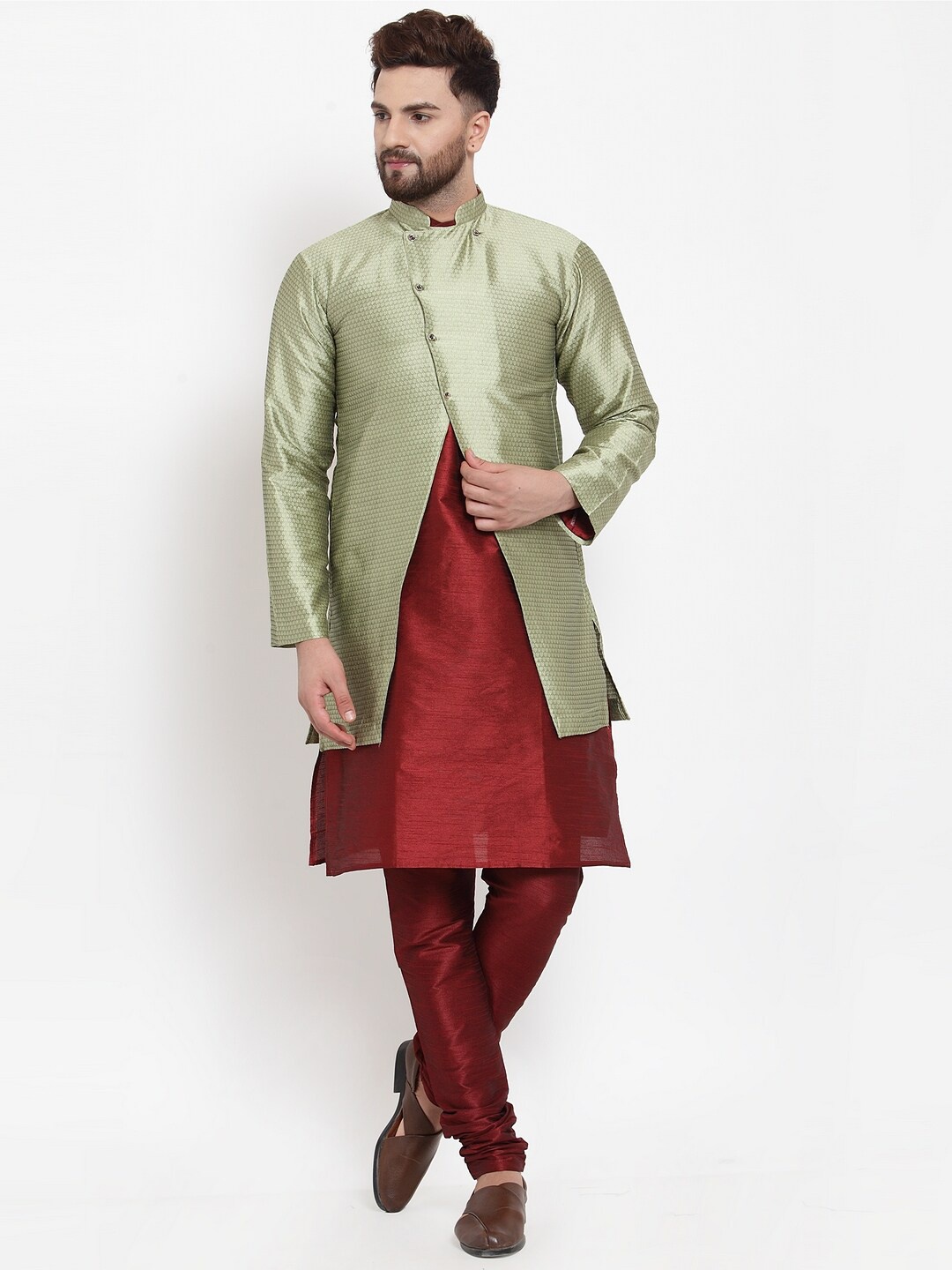 

Benstoke Men Maroon Angrakha Dupion Silk Kurta with Churidar and Ethnic jacket