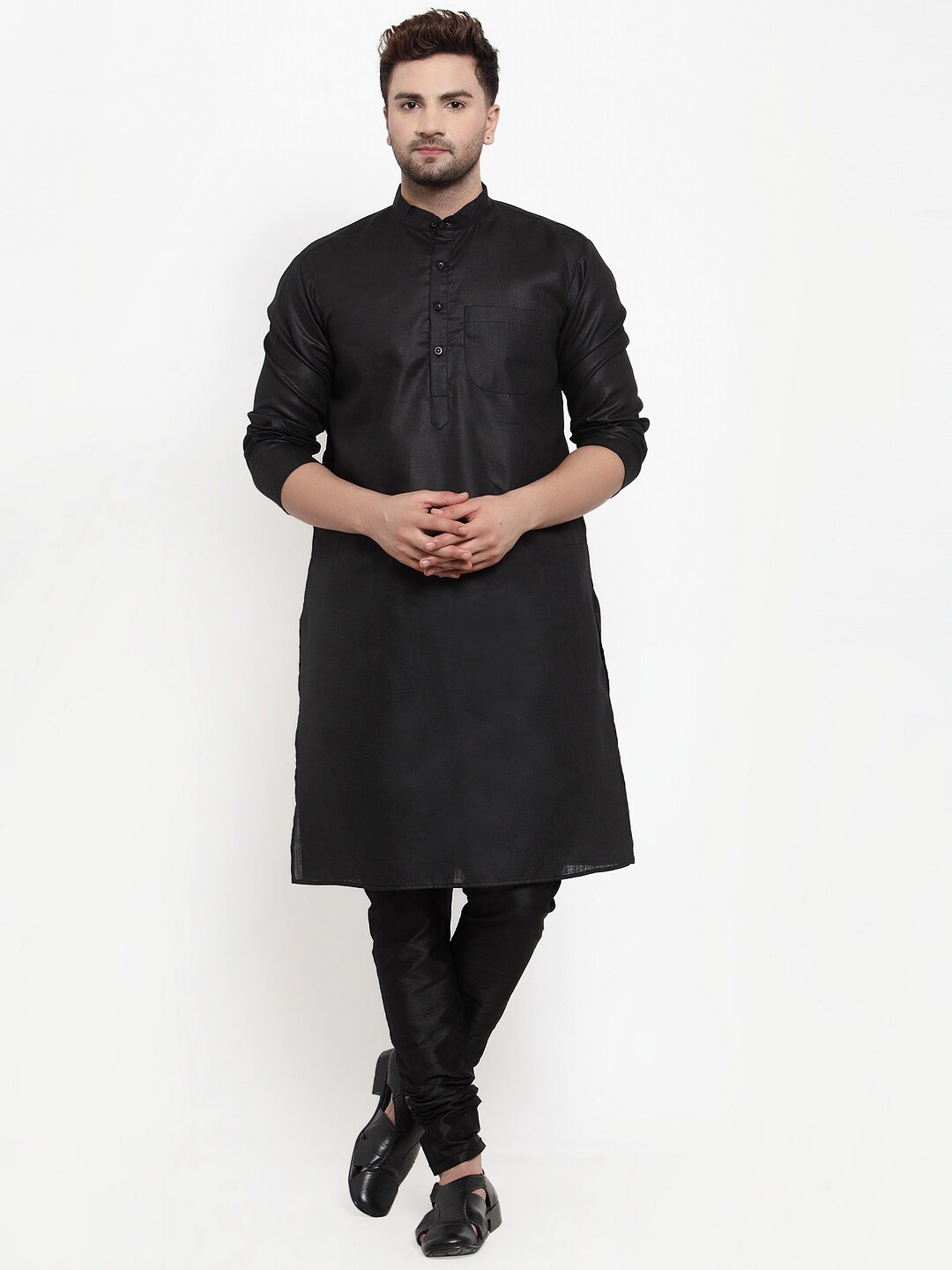 

Benstoke Men Black Angrakha Dupion Silk Kurta with Churidar and Ethnic jacket