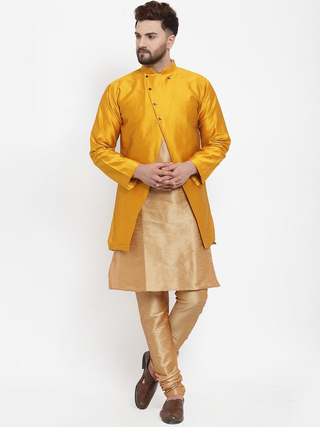 

Benstoke Men Copper-Toned Layered Dupion Silk Kurta with Ethnic jacket set