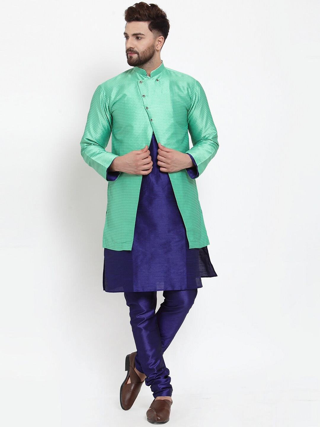

Benstoke Men Blue Angrakha Dupion Silk Kurta with Churidar and Ethnic jacket