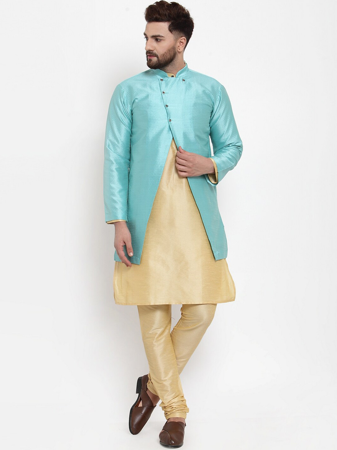

Benstoke Men Gold-Toned Dupion Silk Kurta with Churidar & Jacket