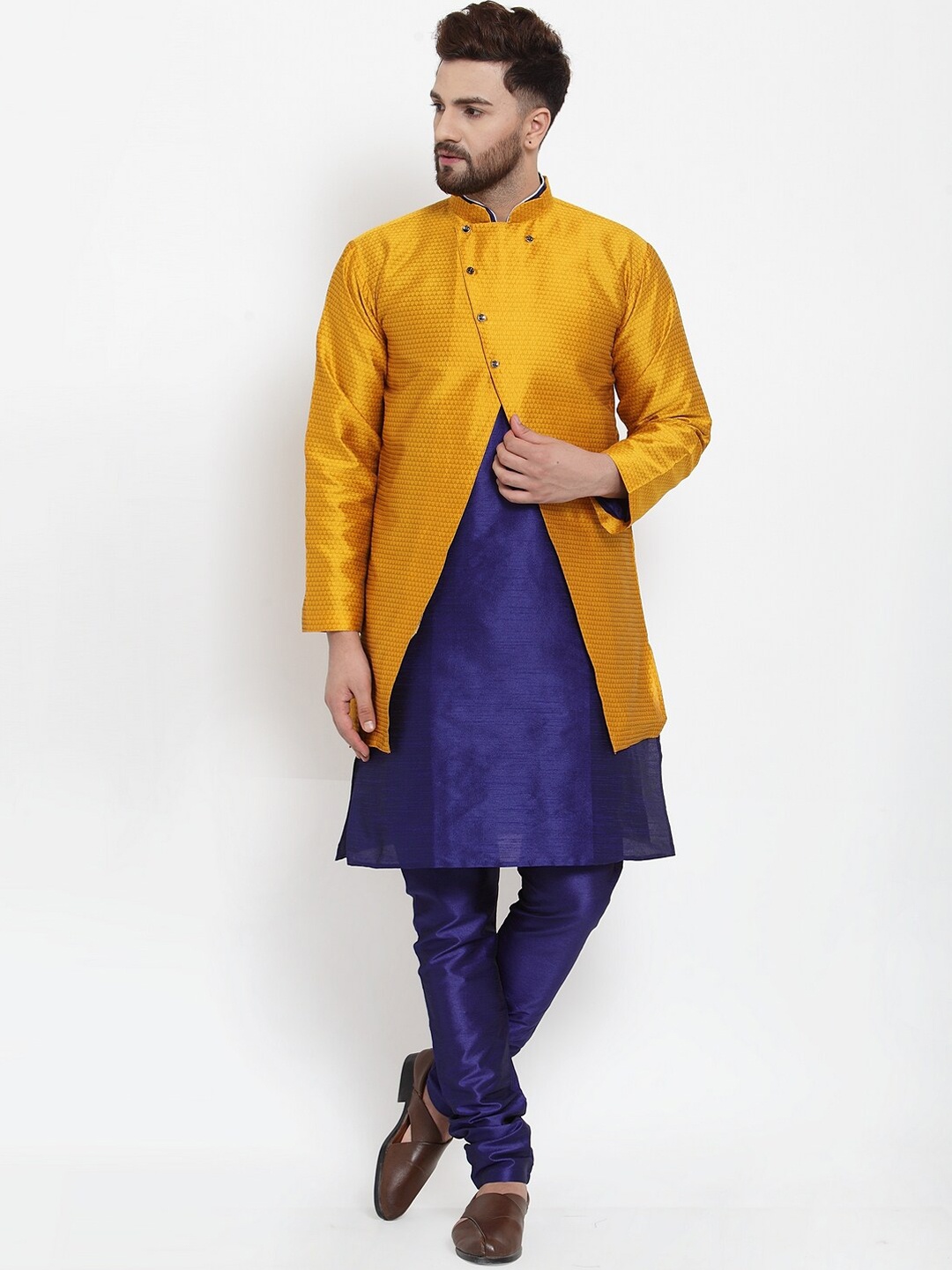 

Benstoke Men Blue Ethnic Motifs Dupion Silk Kurta with Churidar