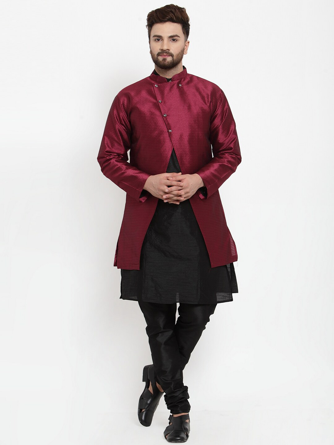 

Benstoke Men Black Angrakha Dupion Silk Kurta with Churidar Ethnic Jacket