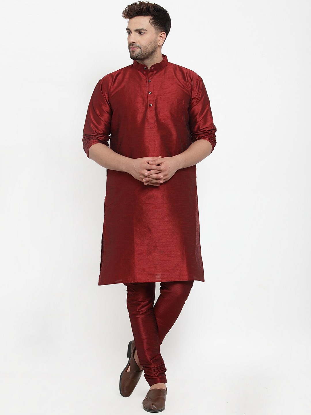 

Benstoke Men Maroon Angrakha Dupion Silk Kurta with Ethnic jacket set