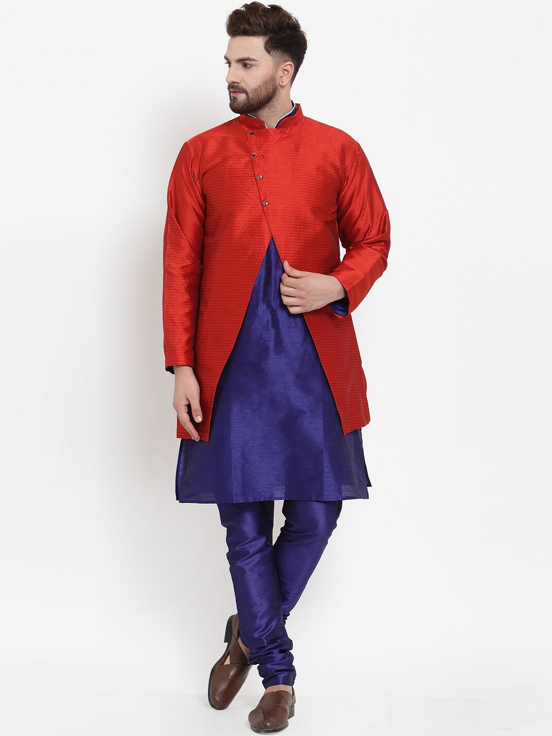 

Benstoke Men Blue Ethnic Motifs Dupion Silk Kurta with Churidar