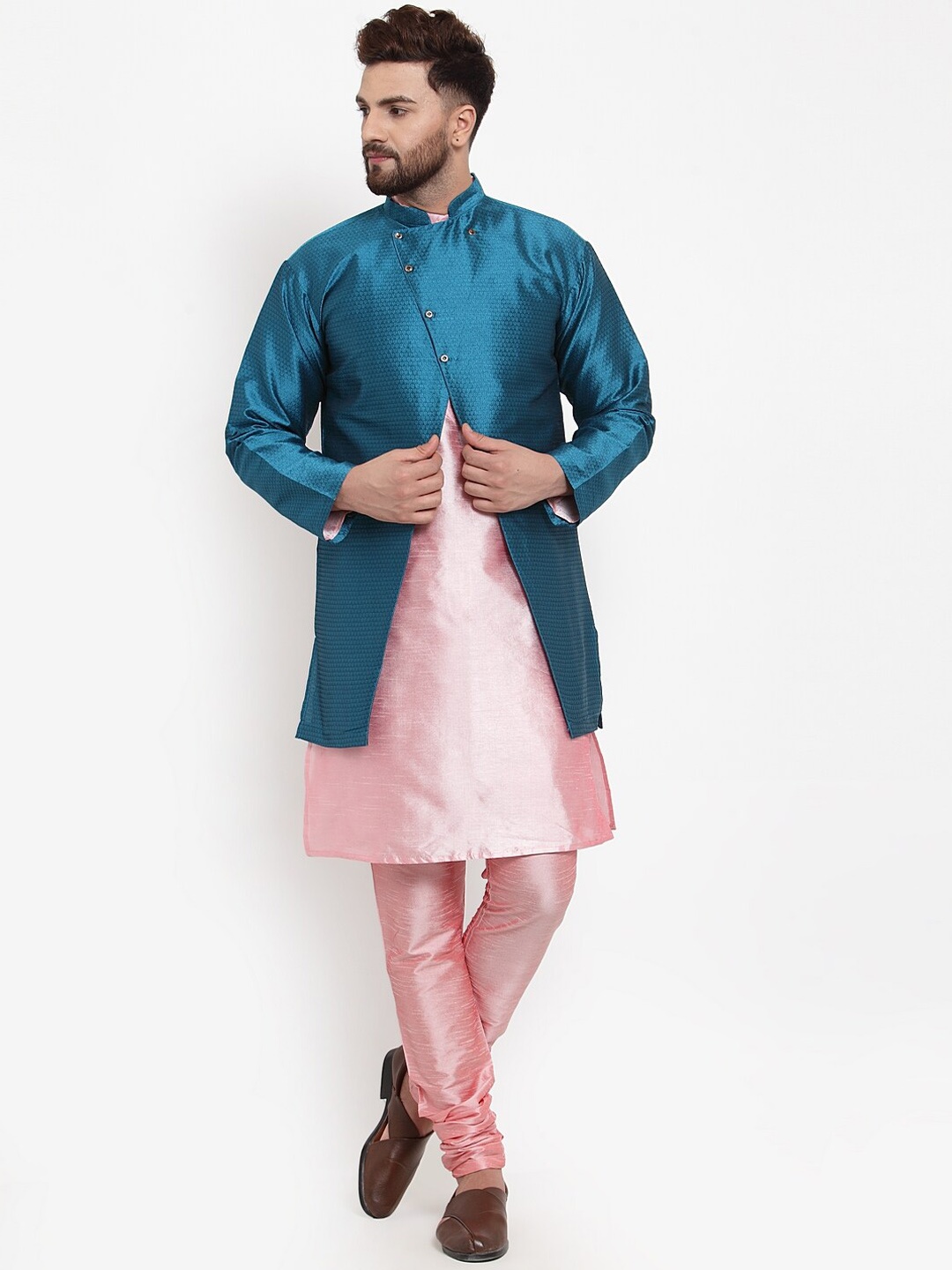 

Benstoke Men Pink Layered Dupion Silk Kurta with Churidar