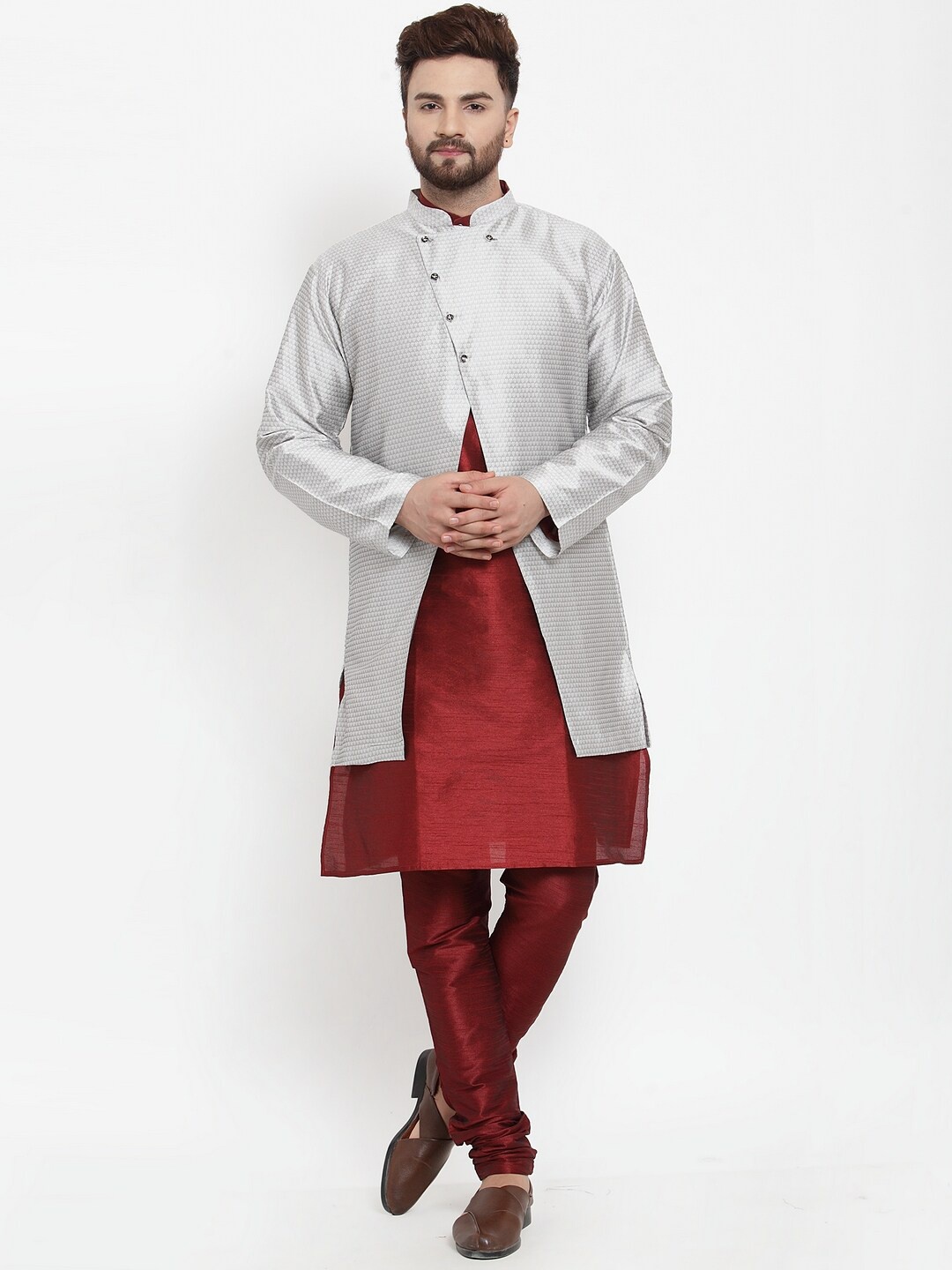 

Benstoke Men Maroon Layered Dupion Silk Kurta with Ethnic jacket set