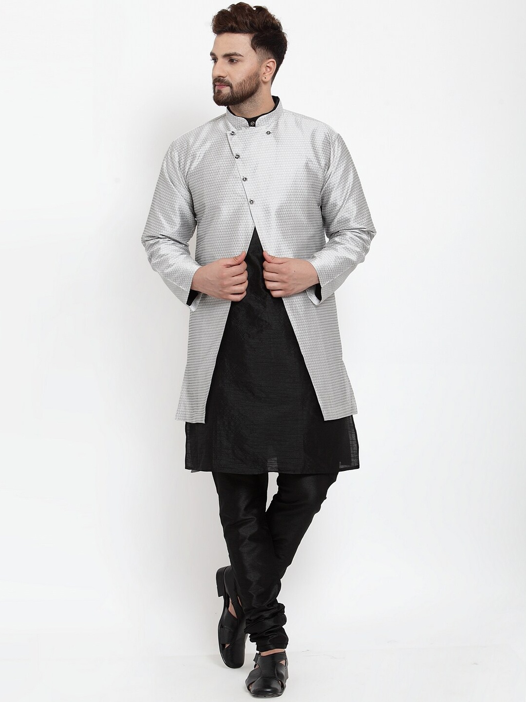 

Benstoke Men Black Angrakha Dupion Silk Kurta with Churidar and Ethnic jacket