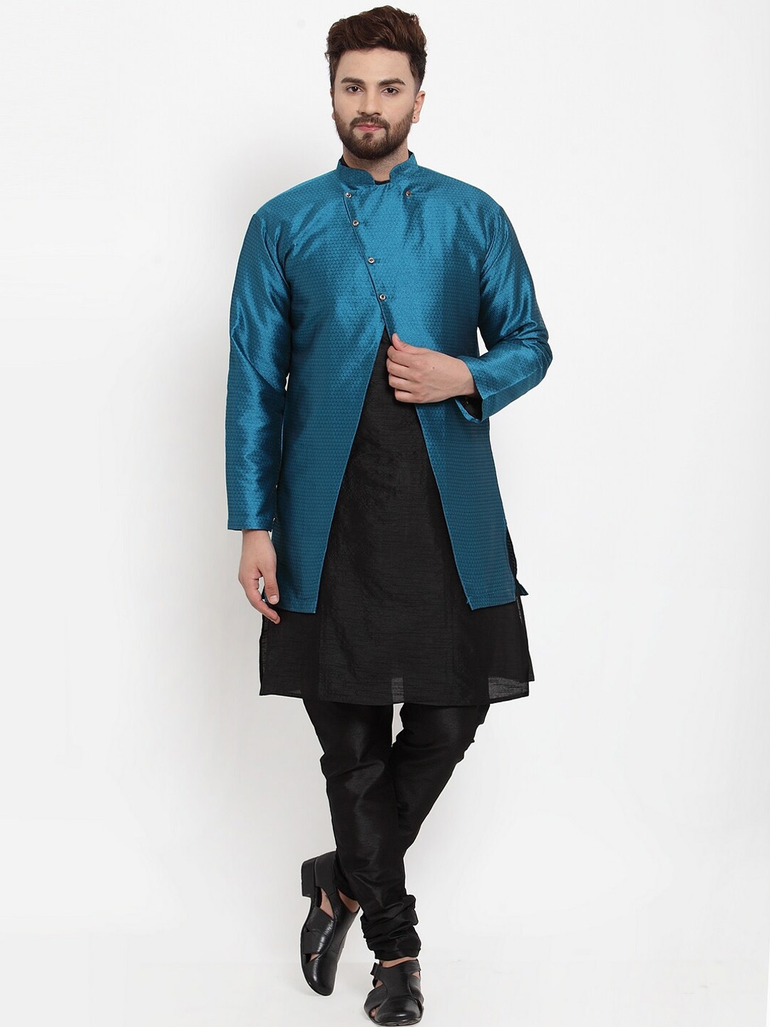 

Benstoke Men Black Angrakha Dupion Silk Kurta with Churidar and Ethnic jacket