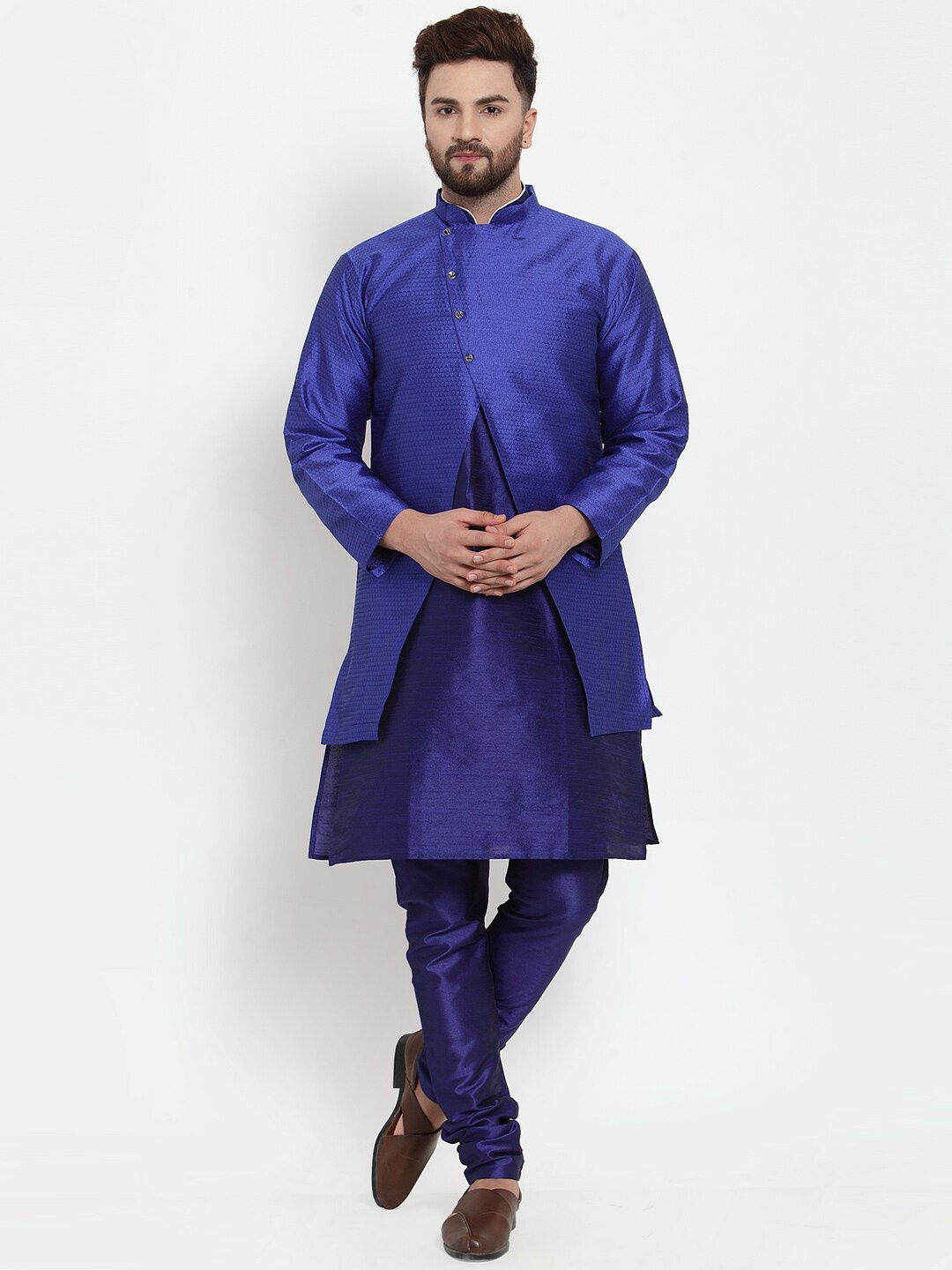 

Benstoke Men Blue Angrakha Dupion Silk Kurta with Churidar and Ethnic jacket