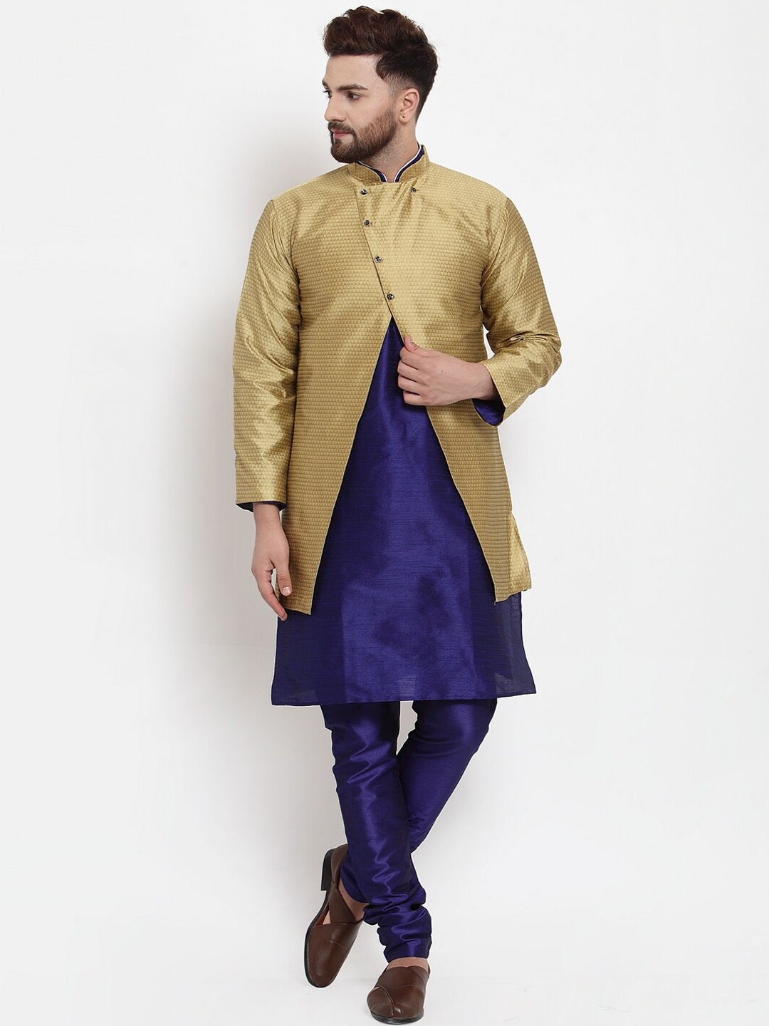 

Benstoke Men Blue Layered Dupion Silk Kurta with Churidar & With Jacket