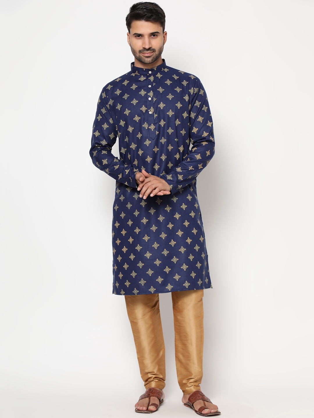 

Peony Cotton Fab Men Navy Blue and Beige Ethnic Motifs Printed Kurta with Churidar