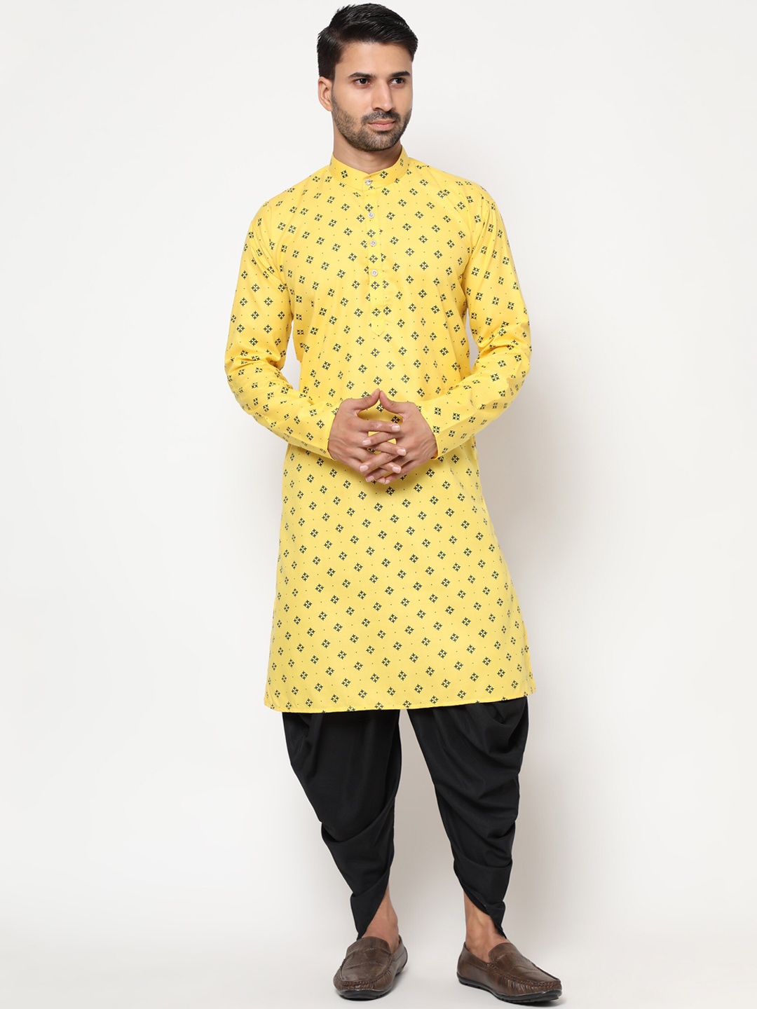 

Peony Cotton Fab Men Yellow Printed Kurta with Dhoti Pants