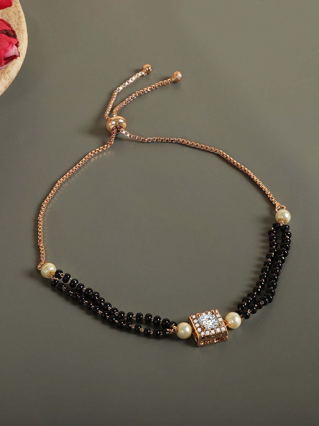 

ZINU Rose Gold-Plated Black Beaded White CZ-Studded Mangalsutra Bracelet