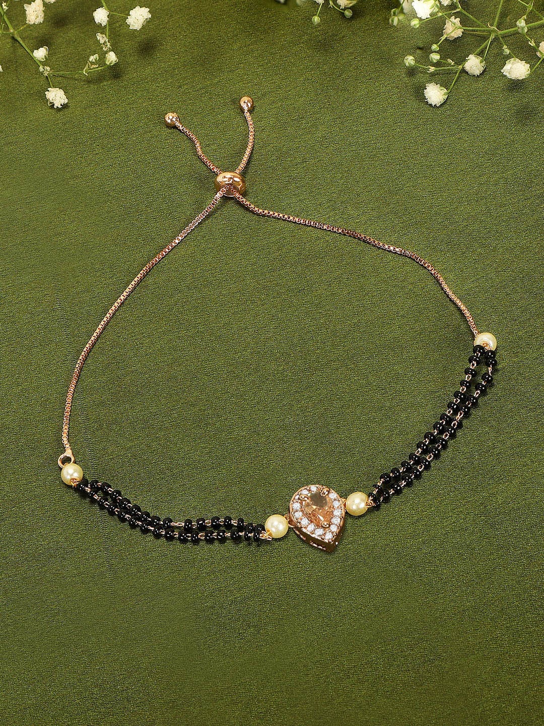 

ZINU Rose Gold-Plated & White CZ-Studded & Black Beaded Mangalsutra Bracelet