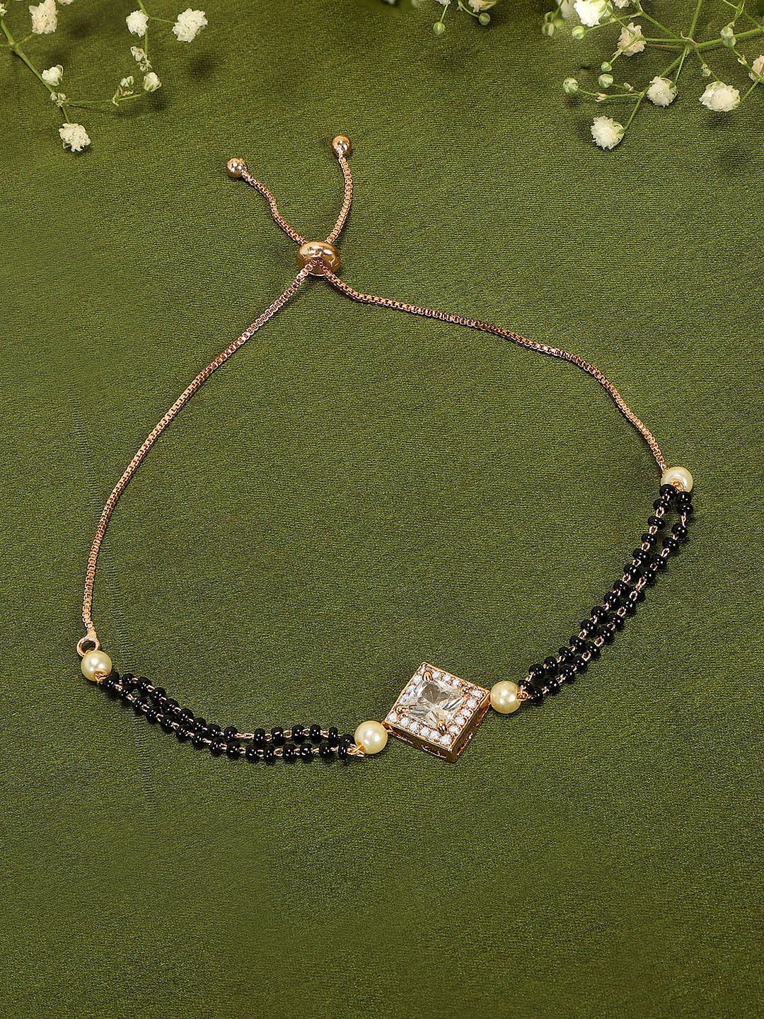 

ZINU Rose Gold-Plated Black Beaded White CZ-Studded Hand Mangalsutra Bracelet