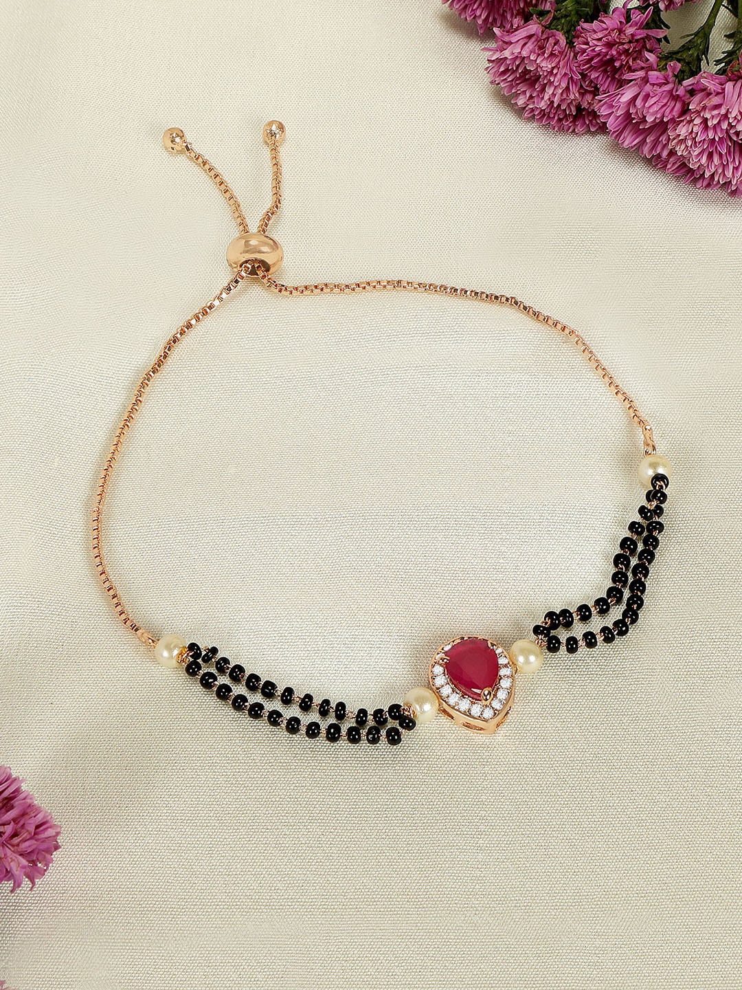 

ZINU Women Rose Gold-Plated Black & red beaded & Stone Studded Hand Mangalsutra