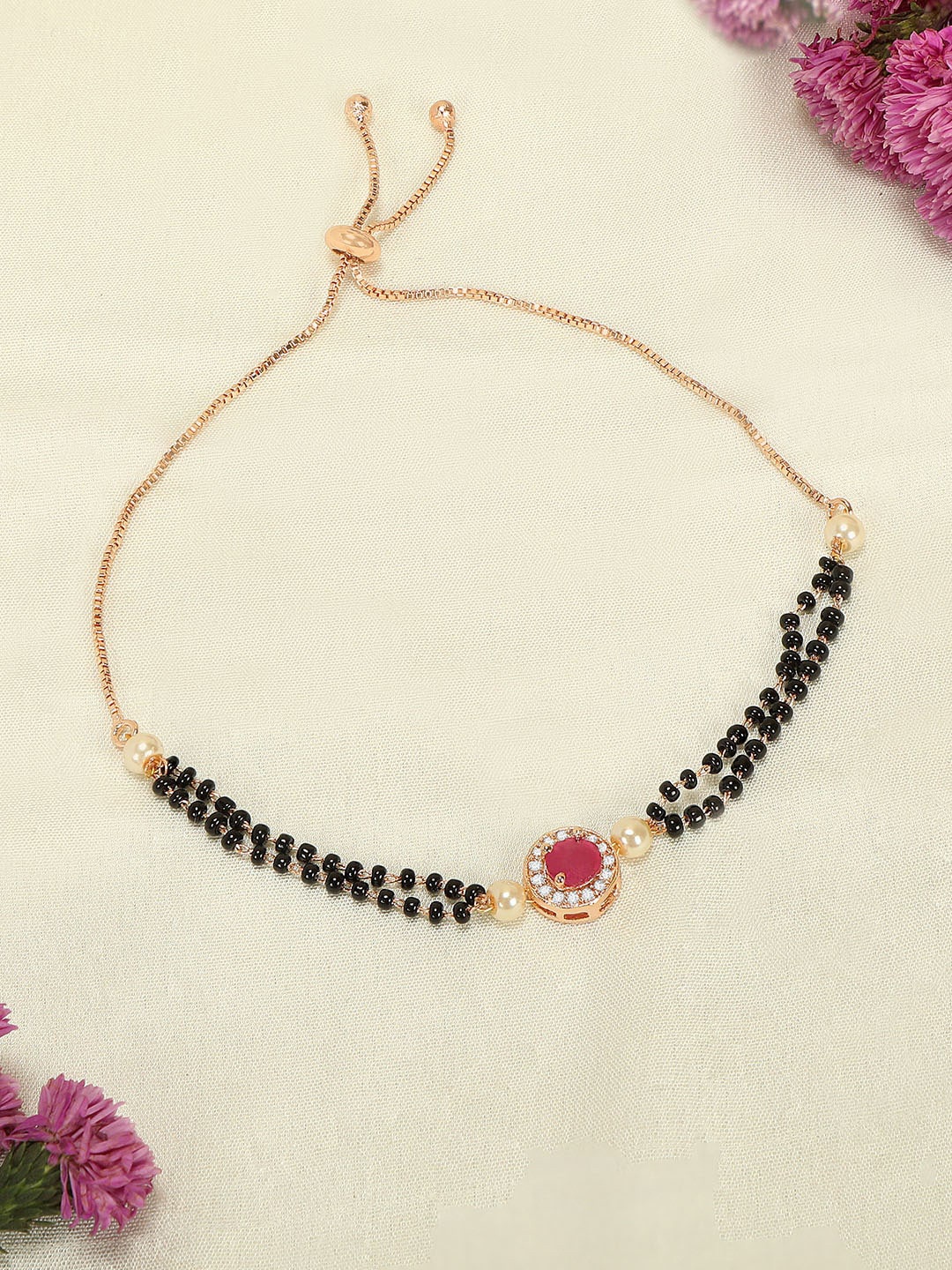 

ZINU Rose Gold -Plated & Black CZ-Stone Studded Hand Mangalsutra Bracelet