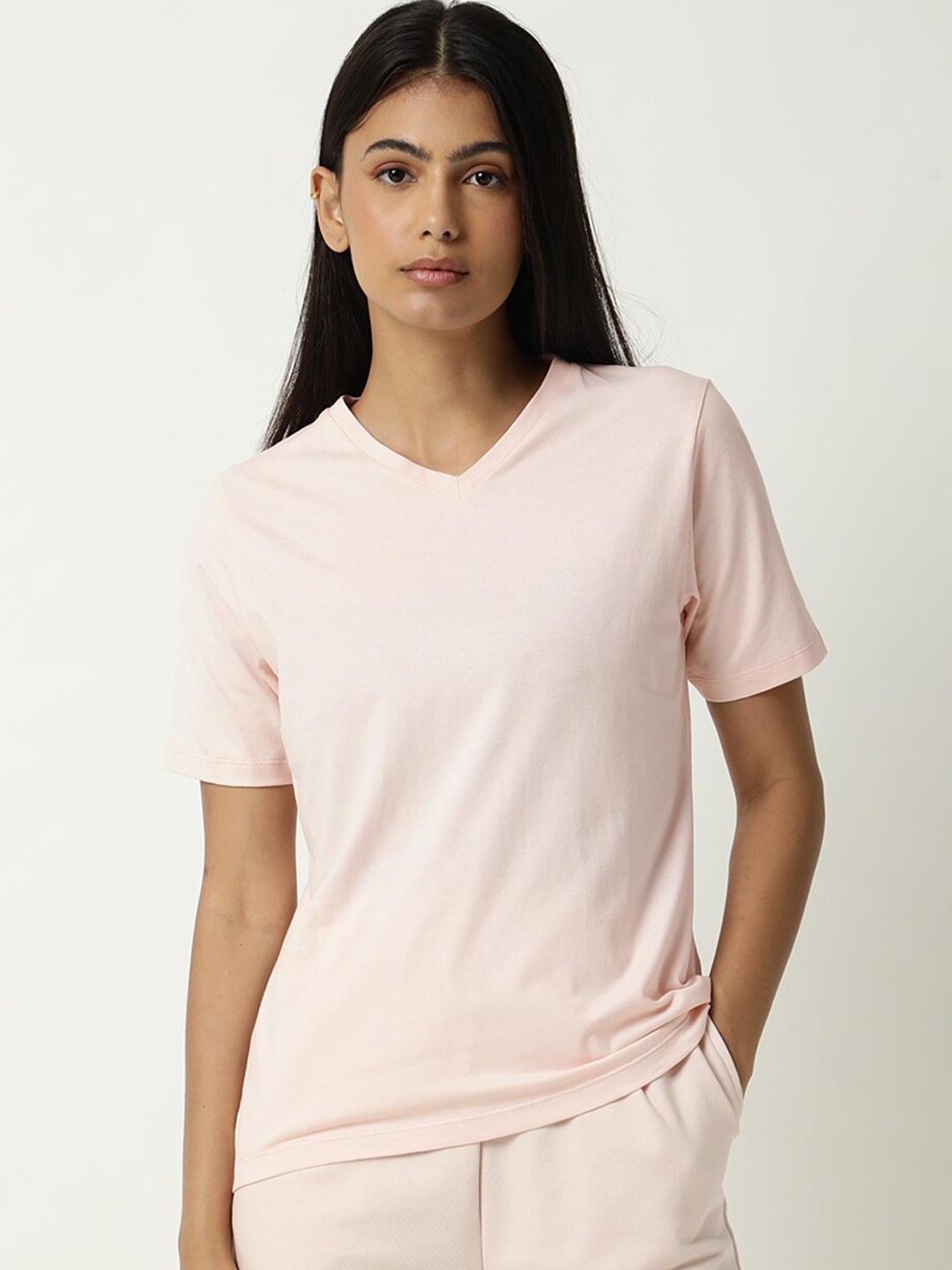 

ARTICALE Women Pink V-Neck Pure Cotton Slim Fit T-shirt