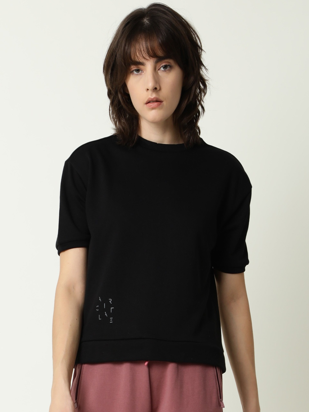 

ARTICALE Women Black Typography Drop-Shoulder Sleeves Slim Fit T-shirt