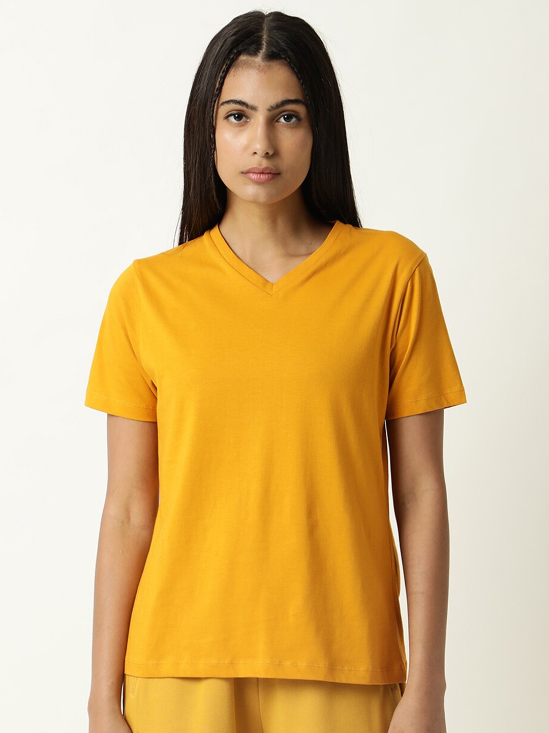 

ARTICALE Women Mustard Yellow V-Neck Pure Cotton Slim Fit T-shirt