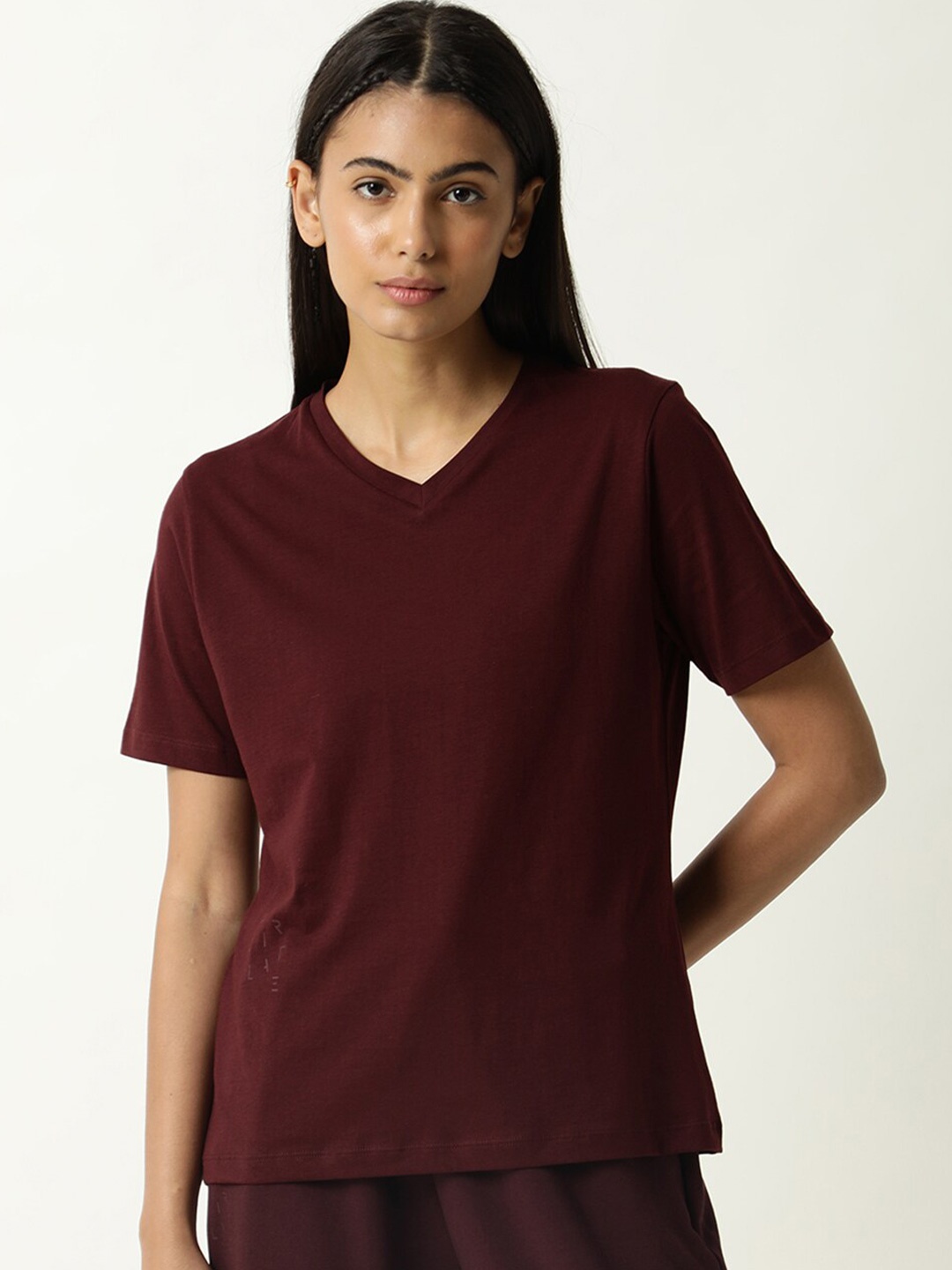 

ARTICALE Women V-Neck Pure Cotton Raw Edge Slim Fit T-shirt, Na