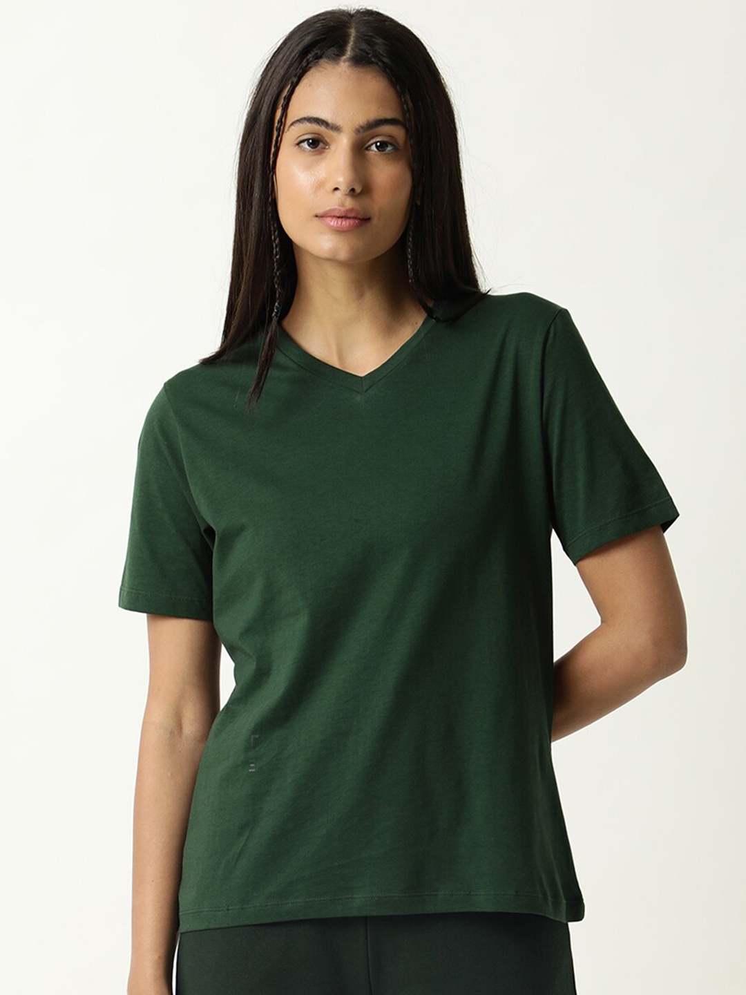 

ARTICALE Women V-Neck Drop-Shoulder Sleeves Pure Cotton Slim Fit T-shirt, Na