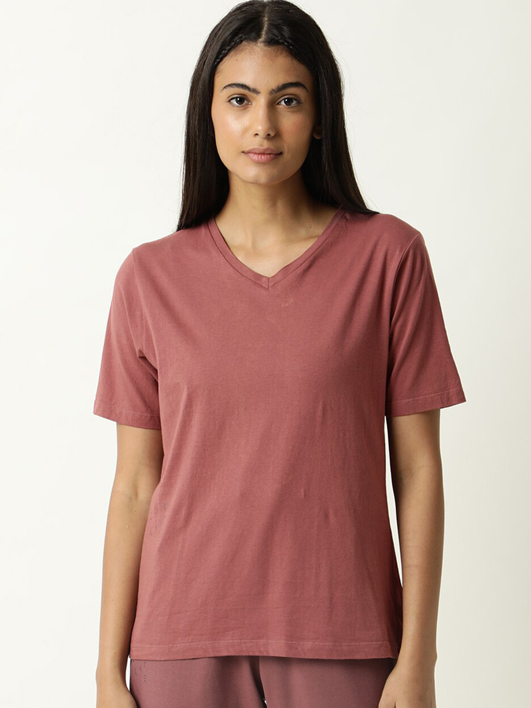 

ARTICALE Women V-Neck Drop-Shoulder Sleeves Pure Cotton Slim Fit T-shirt, Na