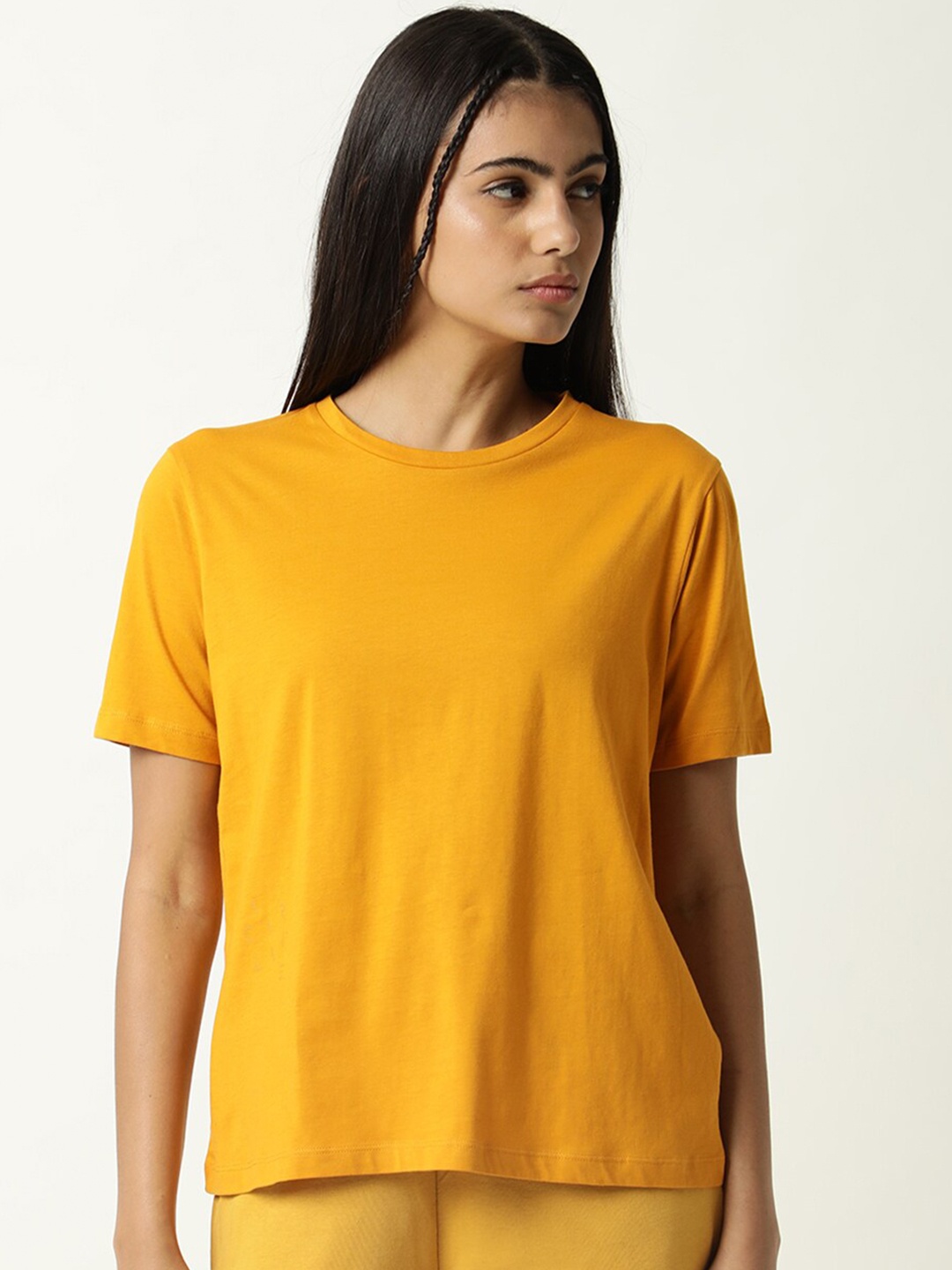 

ARTICALE Women Mustard Yellow Drop-Shoulder Sleeves Pure Cotton Slim Fit T-shirt