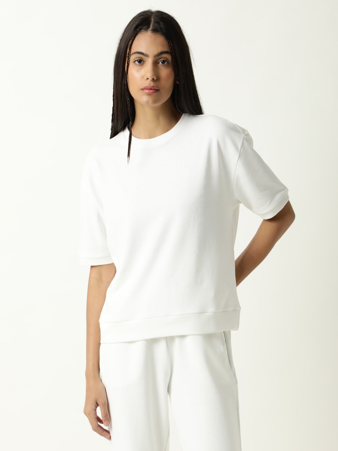 

ARTICALE Women Off White Raw Edge Slim Fit T-shirt