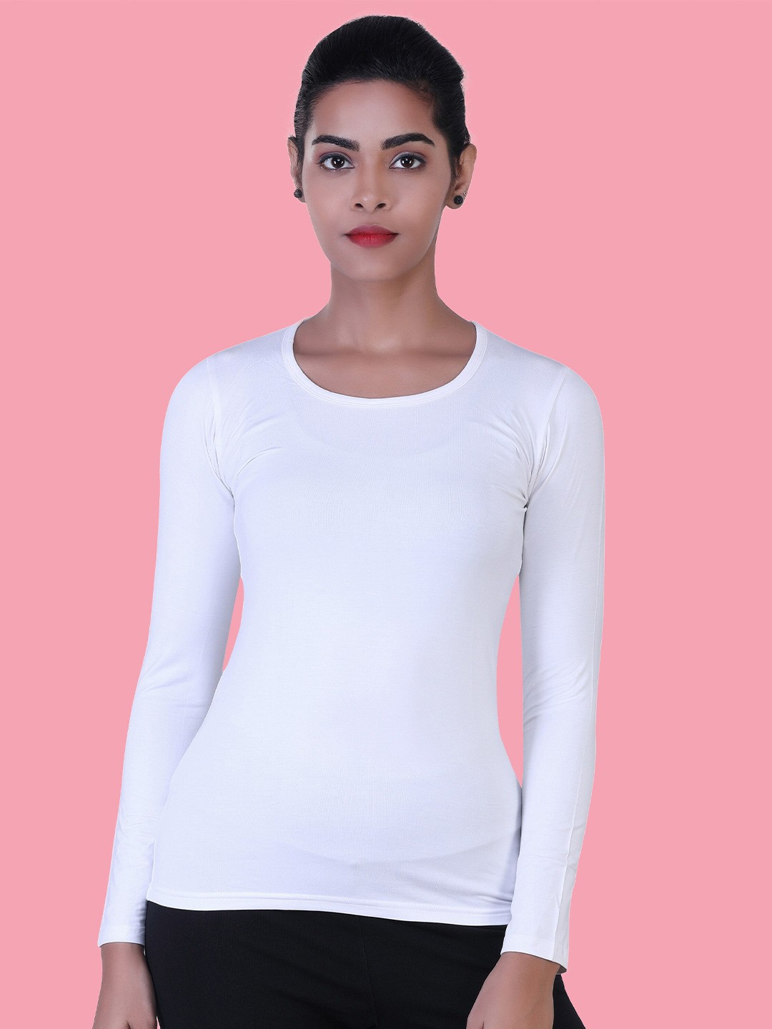 

LAASA SPORTS Women White Checked Henley Neck Raw Edge Slim Fit Training or Gym T-shirt