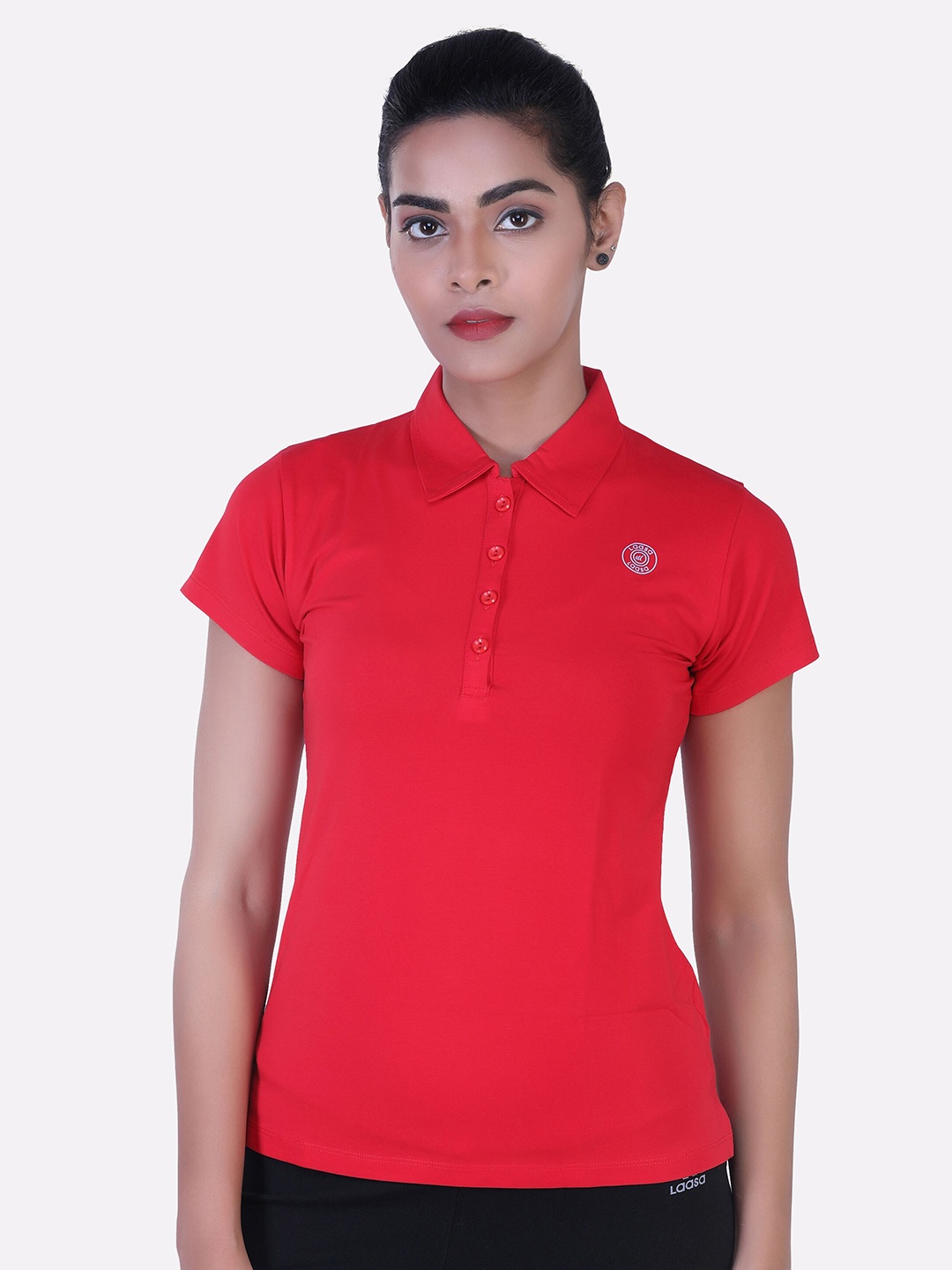 

LAASA SPORTS Women Red Mandarin Collar Applique Training or Gym T-shirt